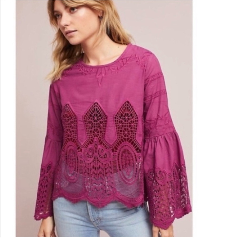 Anthropologie Chloe Oliver Magenta Pink Lace Tunic Top